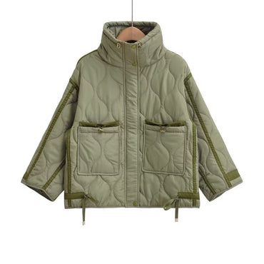 2024 autumn new women's fashion pocket decoration loose long sleeved stand collar diamond grid cotton jacket short jacket