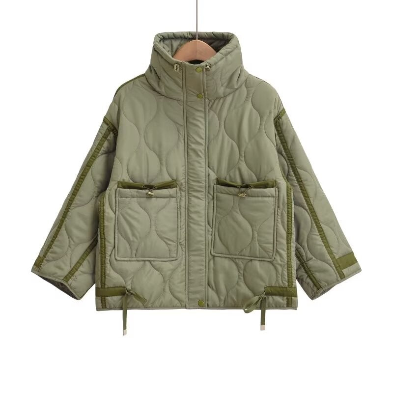 2024 autumn new women's fashion pocket decoration loose long sleeved stand collar diamond grid cotton jacket short jacket