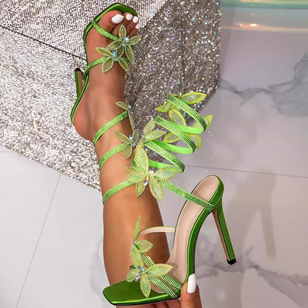 Elegant Design Crystal Butterfly-knot Ankle Strap Woman Sandals Sexy Open Toe Thin High Heels Stripper Party Pumps Shoes