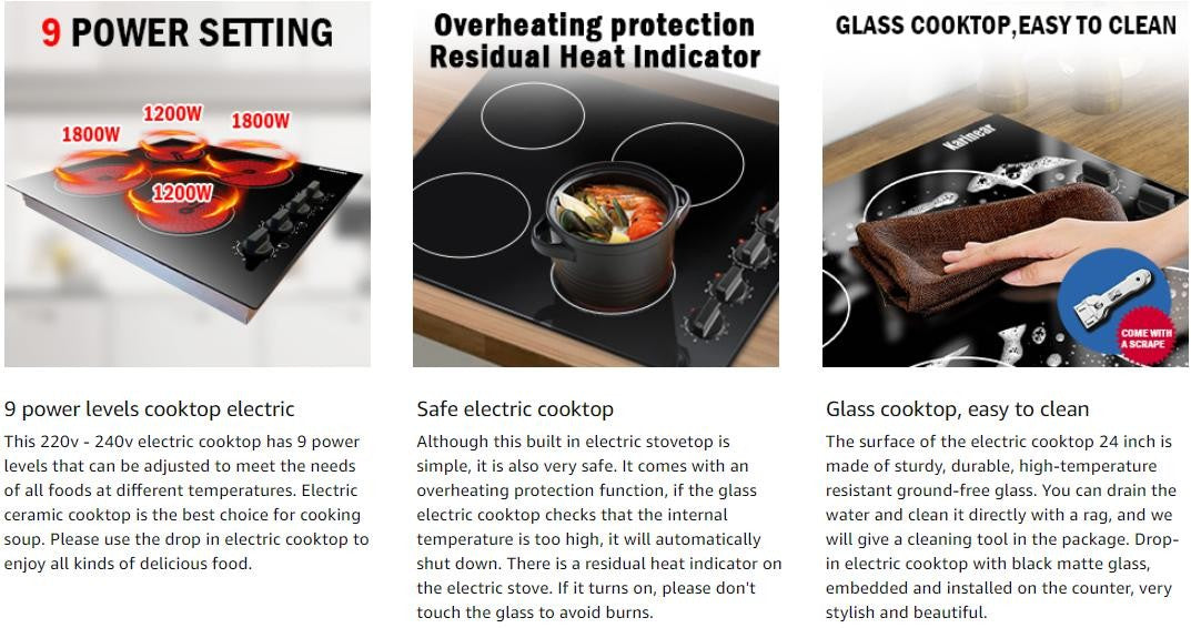 Karinear 4 Burners Electric Cooktop, 24 Inch Built-in, 220-240v, 6000W, Knob Control, Residual Heat Indicator,Hard Wire(No Plug)