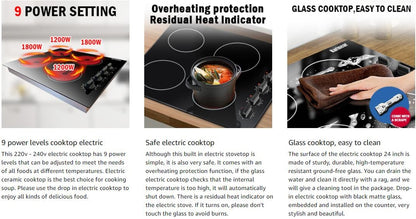 Karinear 4 Burners Electric Cooktop, 24 Inch Built-in, 220-240v, 6000W, Knob Control, Residual Heat Indicator,Hard Wire(No Plug)