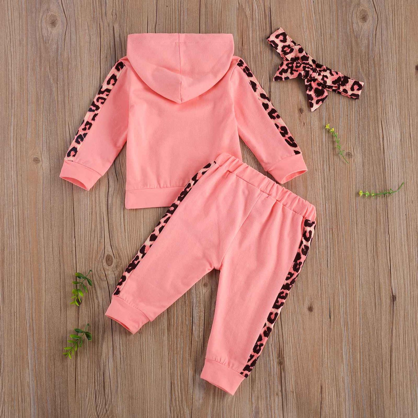 Infant Baby Girl Long-sleeved Trousers Suit Letter Hooded T-shirt Leopard Stitching Long Pants Headband 3Pcs Clothes Spring Fall