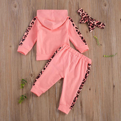 Infant Baby Girl Long-sleeved Trousers Suit Letter Hooded T-shirt Leopard Stitching Long Pants Headband 3Pcs Clothes Spring Fall