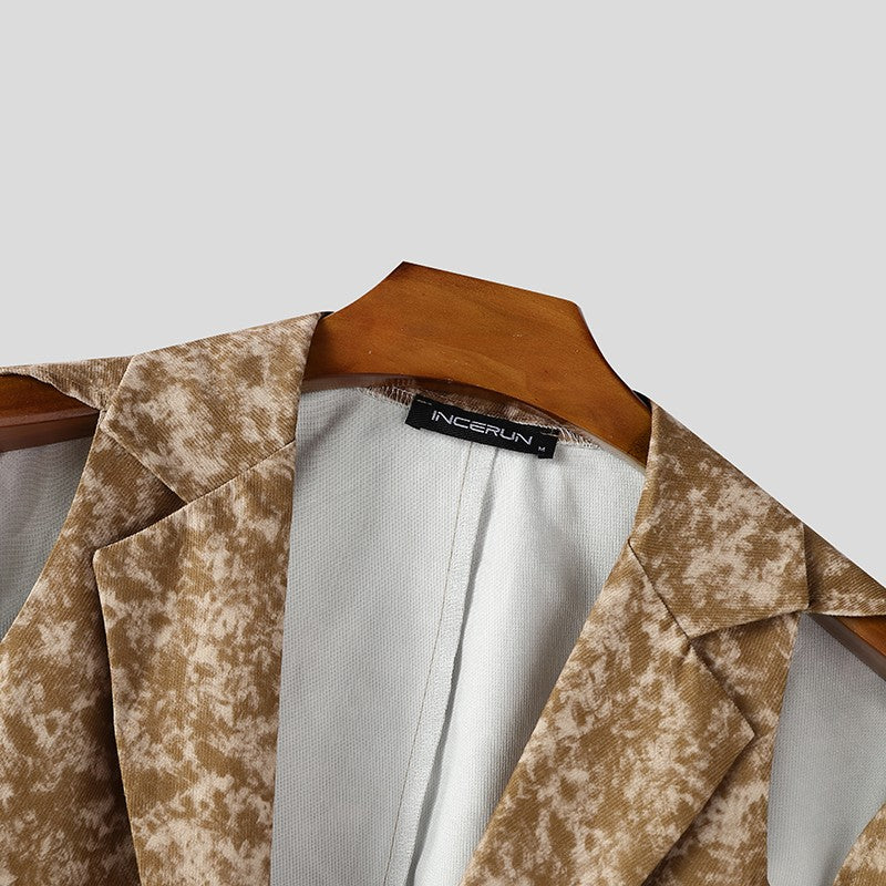 INCERUN Men Blazer Printing Hollow Out Lapel Long Sleeve Male Suit Streetwear Elegant Fashion Casual Thin Coats Men Blazer S-5XL