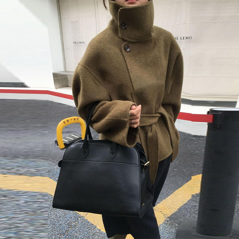 Woolen Solid Women Coat Fashion Belt Patchwork Lace Up Full Sleeve Lapel Lady Jacket 2025 Autumn Winter Female Loose Streetwear