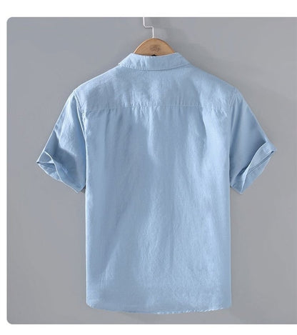Cotton Linen Hot Sale Men's Short-Sleeved Shirts Summer Streetwear Plain Color Stand Collar Casual Beach Style Plus Size M-3XL