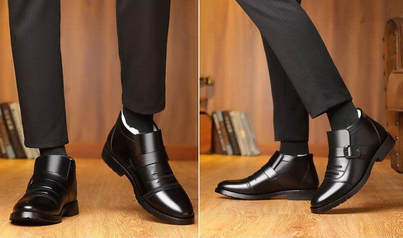 Botas de Neve Masculinas Couro Preto Estilo Britânico Sapatos de Inverno Masculino Casual Pelúcia Grossa Trabalho de Alta Qualidade Antiderrapante Forro de Lã Moda