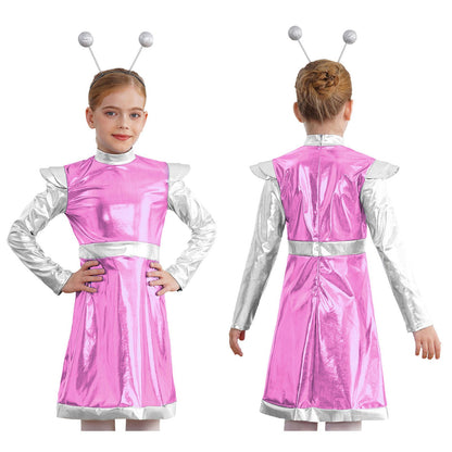 Kids Alien Cosplay Costume Outfits Boys Girls Metallic Shiny Alien Jumpsuit Halloween Full Length Bodysuit with Hair Hoop Suit