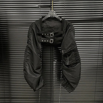 2024 Autumn New Niche Design Black Shoulder Vest Women's Leather Flight Plane Style Cropped Jacket Crew Neck Pattern