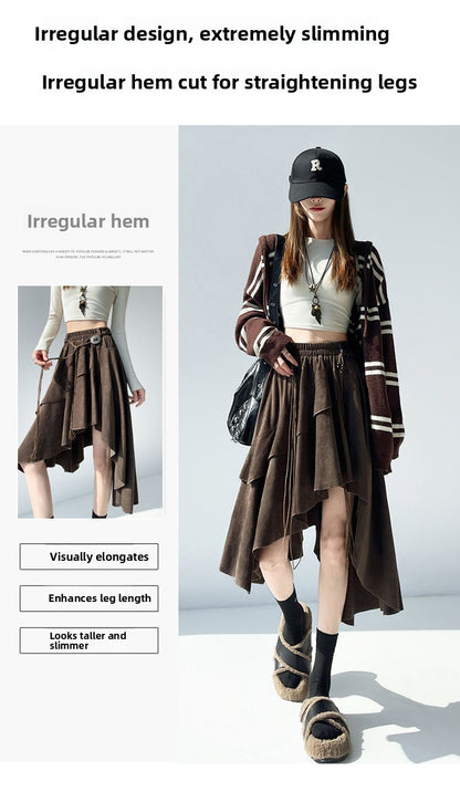 Caramel Suede Half-length Skirt Women's Autumn Winter New Irregular Belt Slim A- Line Midi Umbrella Skirt Comfortable Casual S .