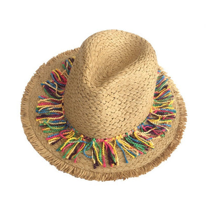 2024 Chapéu de Palha Decorado com Fita de Borla Colorida, Chapéu de Sol com Proteção, Chapéu de Praia Feminino Moderno, Boné Jazz de Verão para Mulher