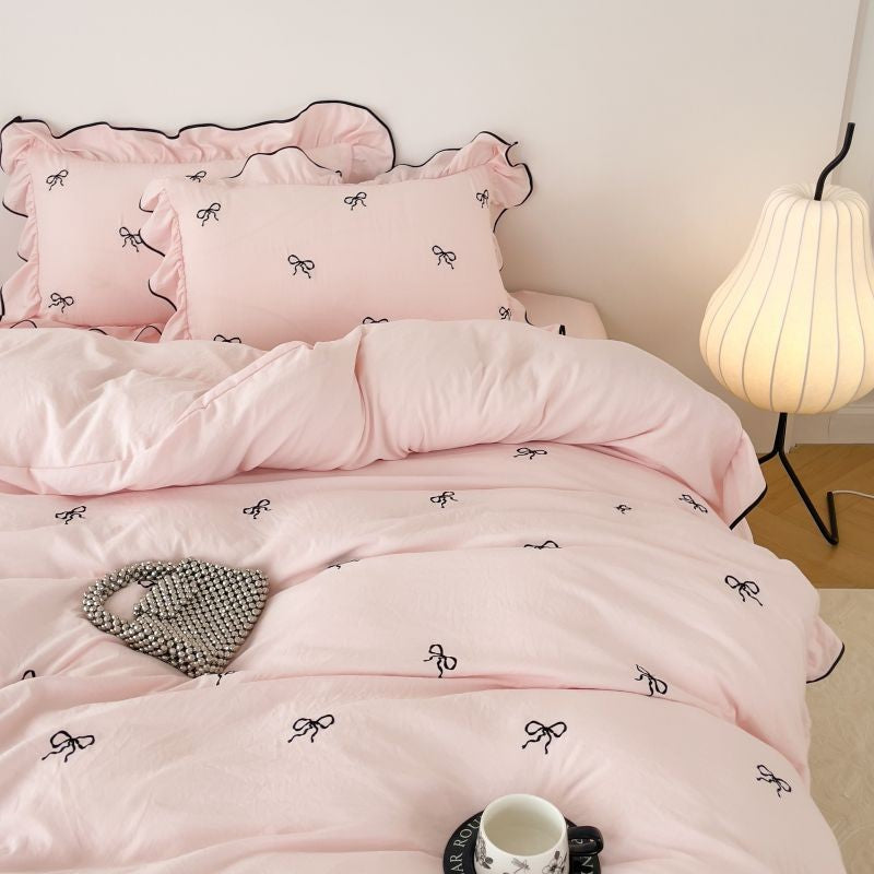 3pcs bow embroidery Bedding set ruffles Duvet Cover Set (1*Duvet Cover + 2*Pillowcase, Without Core)for bedroom guest room