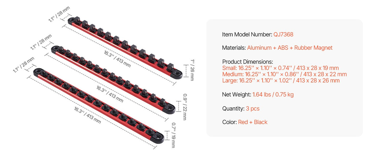 SucceBuy Conjunto de Trilhos Organizadores Magnéticos de Soquetes, 3 Peças, Métrico e SAE, Suporte de Soquetes de Alumínio 3/8'' 1/2'' com Clipes de 360° para Caixa de Ferramentas