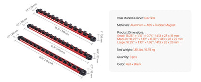 SucceBuy Conjunto de Trilhos Organizadores Magnéticos de Soquetes, 3 Peças, Métrico e SAE, Suporte de Soquetes de Alumínio 3/8'' 1/2'' com Clipes de 360° para Caixa de Ferramentas