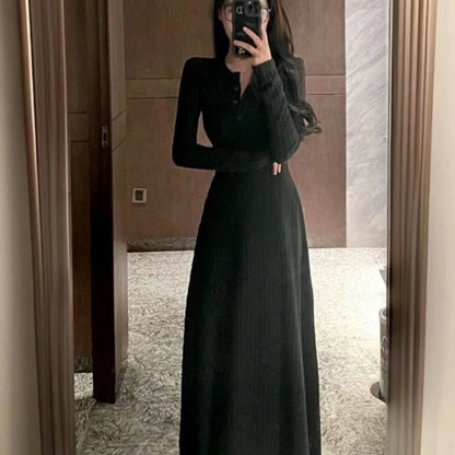 Long Sleeve Dresses Women Solid Slim Basic Mid-length All-match Elegant Autumn Winter Vestidos Female Defined Waist Knitting New