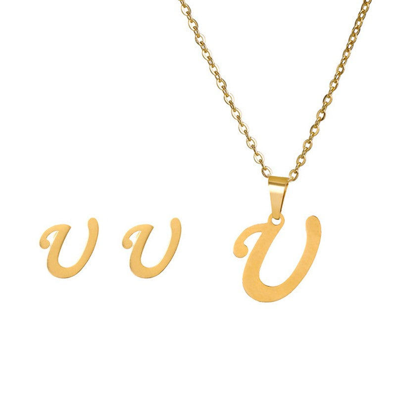 Conjunto Feminino de Colar e Brincos de Aço Inoxidável com Letra Inicial do Alfabeto A-Z - Joias Personalizadas de 26 Letras Inglesas - Presente
