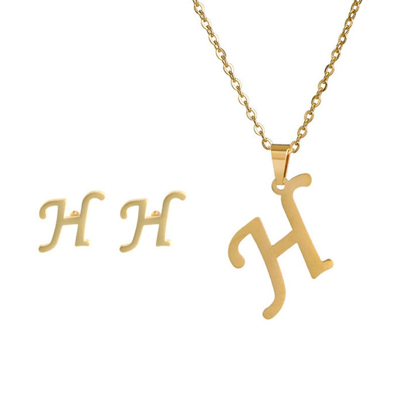 Conjunto Feminino de Colar e Brincos de Aço Inoxidável com Letra Inicial do Alfabeto A-Z - Joias Personalizadas de 26 Letras Inglesas - Presente