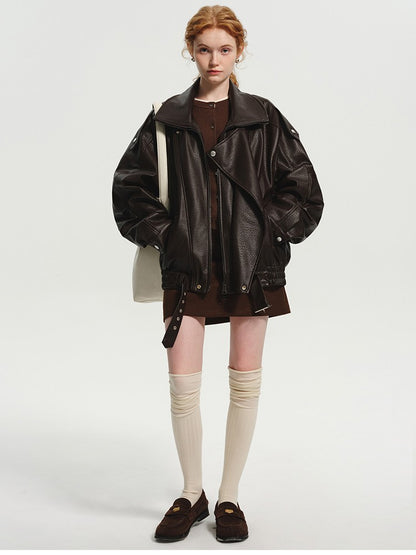 Lautaro Spring Autumn Cool Brown Oversized Pu Leather Jacket Women Long Sleeve Zip Up Luxury Designer American Retro Clothing