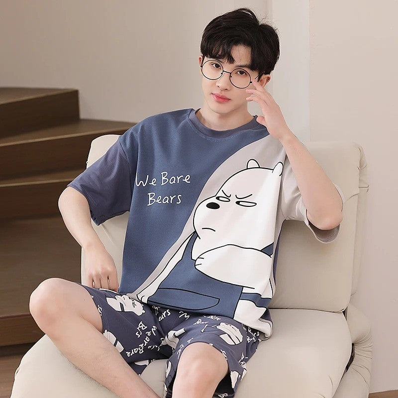 Cotton Summer Thin Men's Pajamas Set Plus Size Short Sleep Tops Pant Sleepwear Suit Male Home Suit Homewear Casual Pyjamas