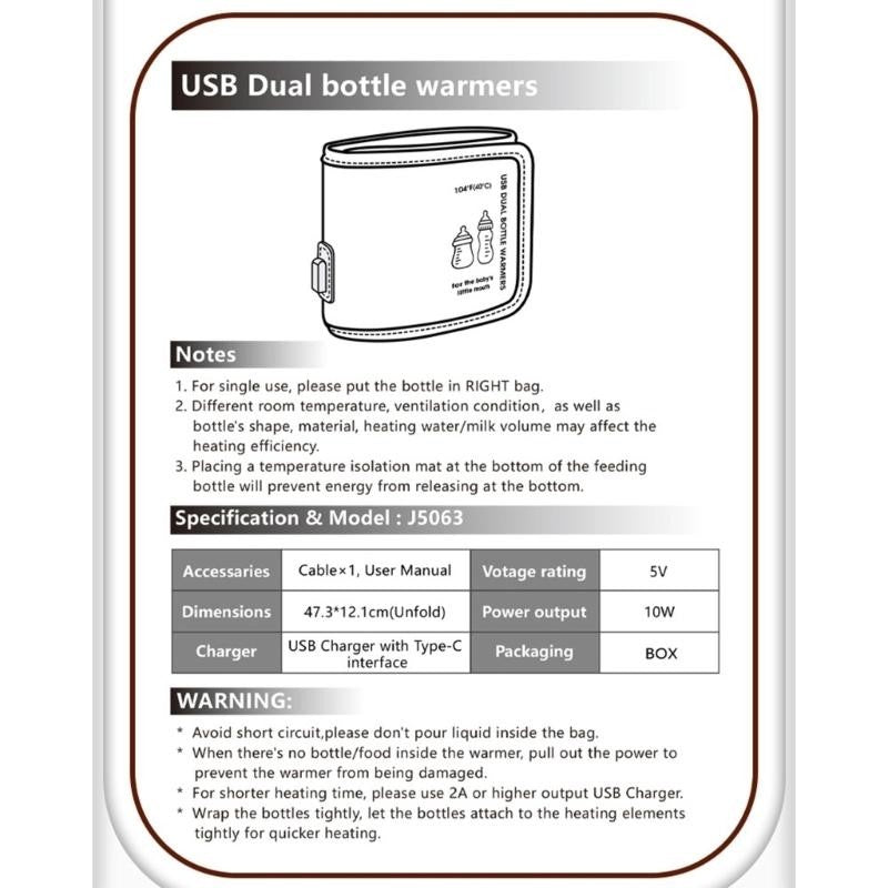 J15U USB Travel Double Bottle Warmer Multifunctional Constant Temperature Cover Case