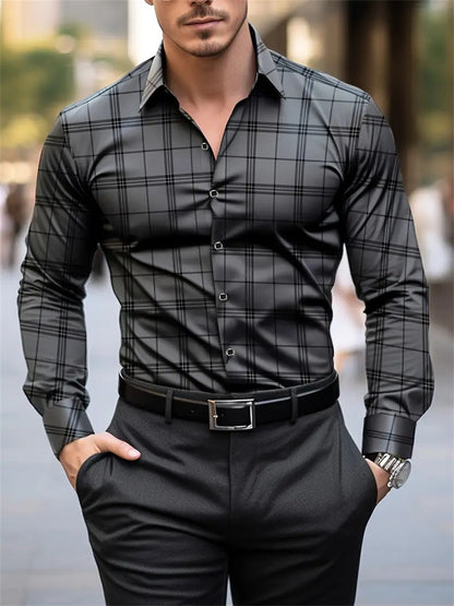 Men's plaid long-sleeved shirt, elegant casual wear, fashionable and trendy men's high-quality non-iron lapel top