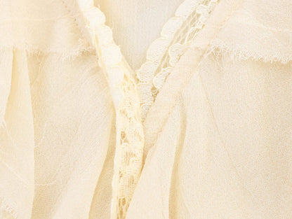 ZEAINS Beige French V-neck lace ruffle court style chiffon long sleeved shirt top for women in autumn