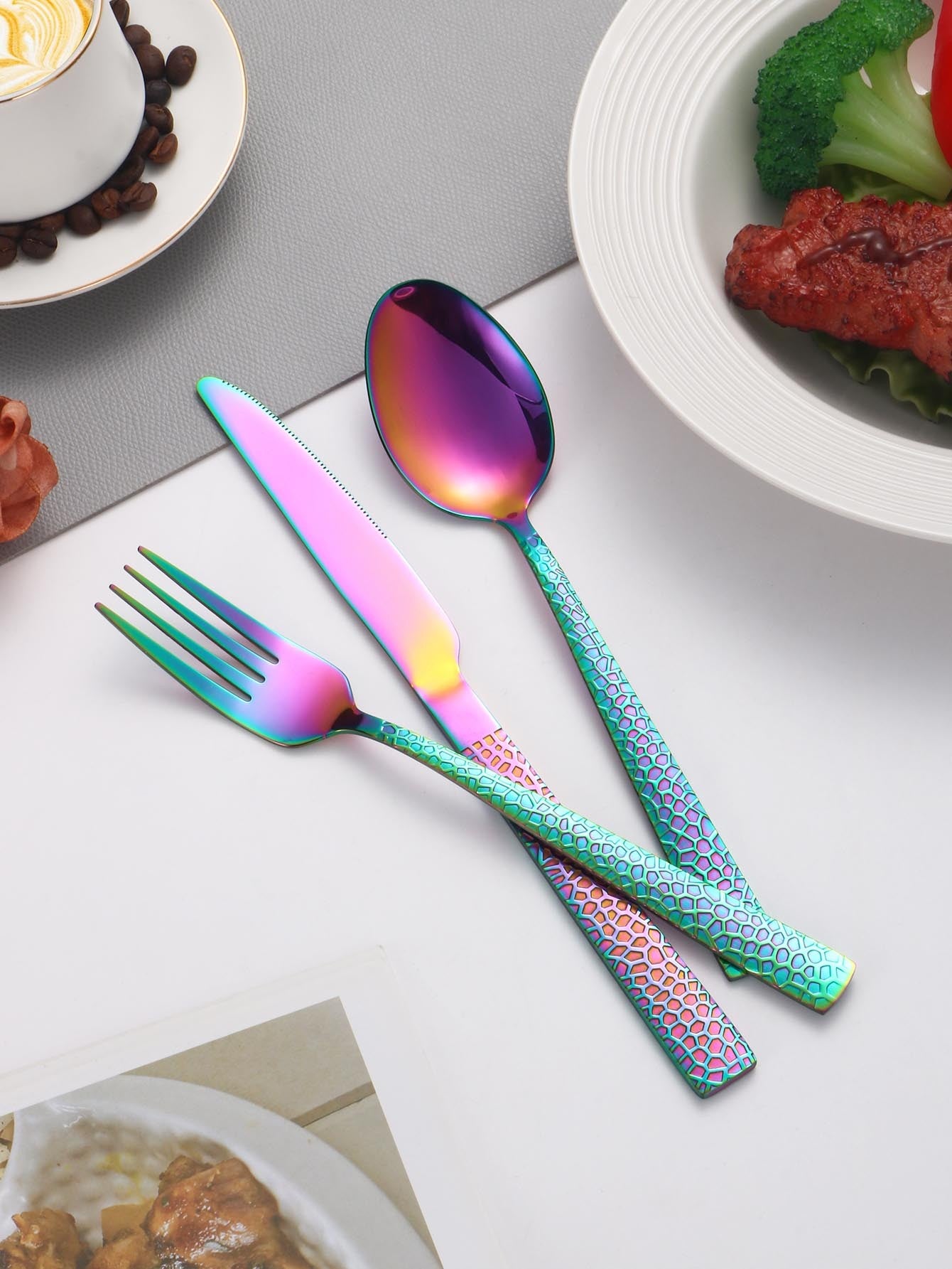 4/6/16/24pcs Stainless steel colored cutlery set Square handle snakeskin cutlery Household knife, fork and spoon combination