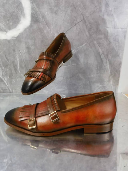 Retro Style Classic Men Polished Cow Leather Loafer Shoes Spring Autumn Male Round Toe Slip On Brown Single Shoes