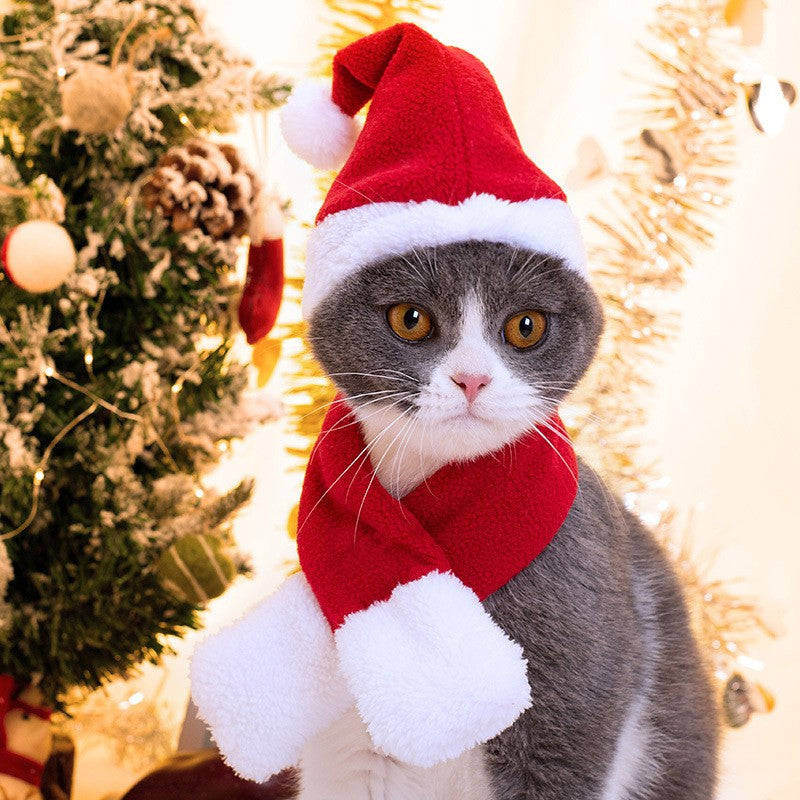 Capa de Inverno Fofa para Pets Cão Gato Roupas de Natal Quente Filhote de Papai Noel Cachecol Vermelho Chapéu Cabeça Engraçado Fantasia de Natal para Pets Cão Gato Capas