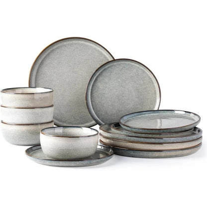 Ceramic Tableware Set for 4, 12-piece Ceramic Plate and Bowl Set, Scratch-resistant Tableware, Dishwasher-safe