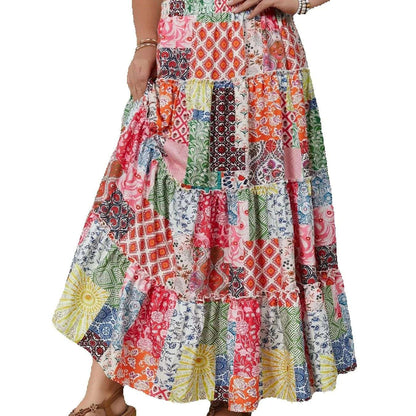 Plus size women's printed holiday style skirt spliced A-line skirt