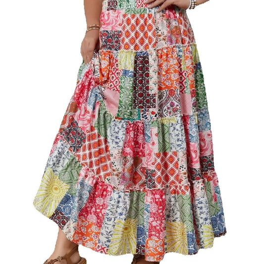 Plus size women's printed holiday style skirt spliced A-line skirt