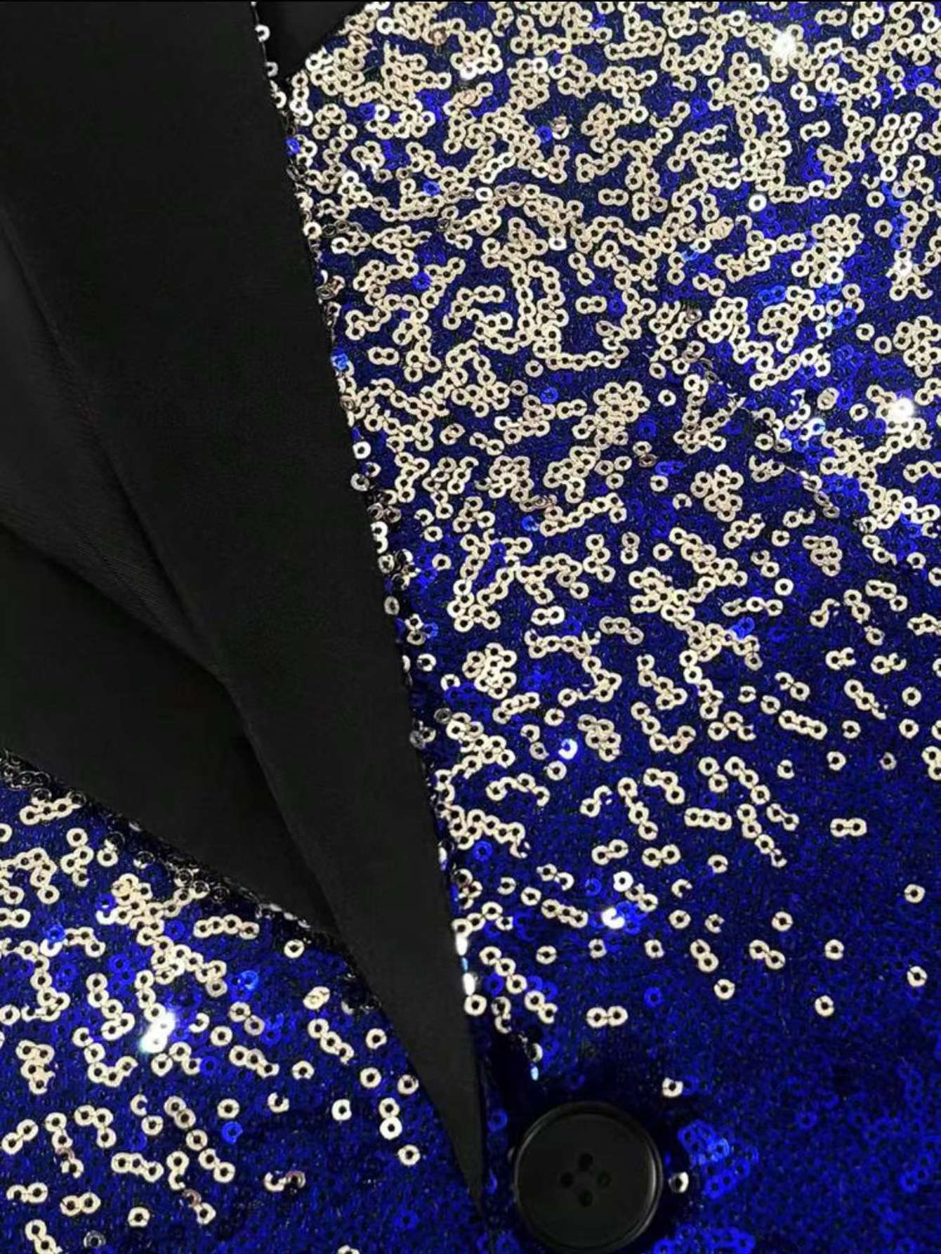 Shiny Sequin Tuxedo Jacket for Men - Royal Blue & Gold Gradient, Black Lapel, Formal Party/Wedding/Stage Wear? Coat.