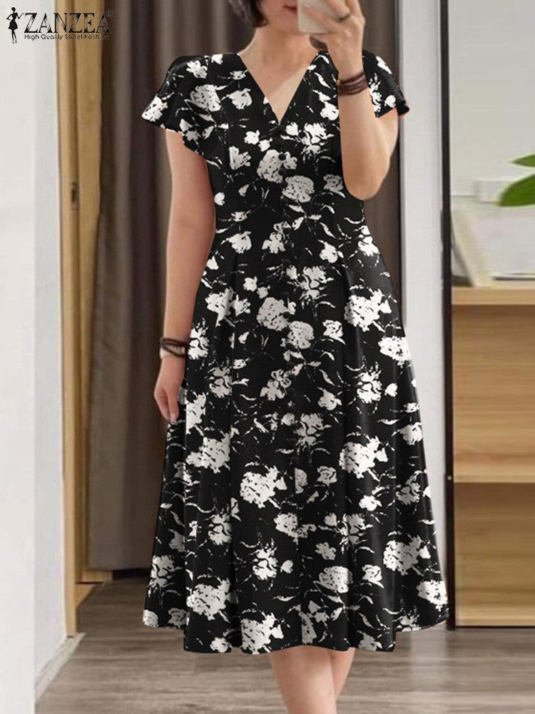 ZANZEA Woman Summer Dresses Ruffle Sleeve V-Neck Cinch Waist, Womens Elegant Flo
