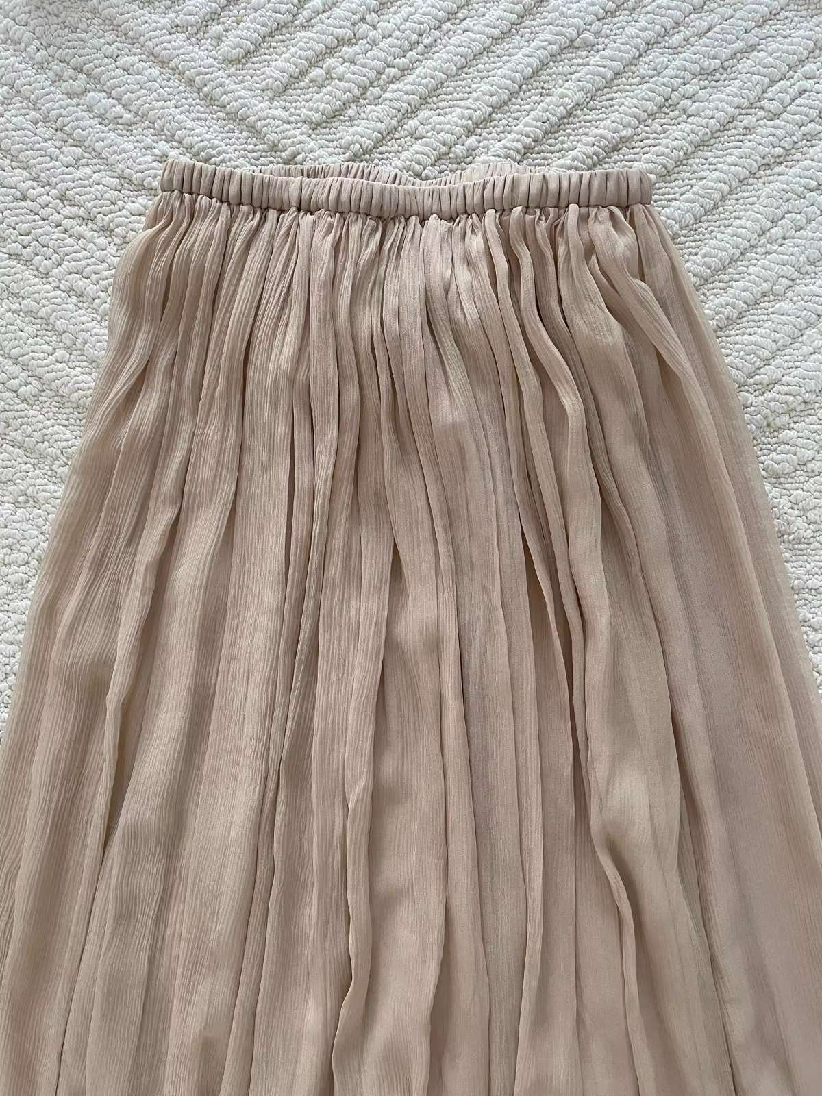 Ladies 100% Silk Elegant Set Pure Color Drawstring Long Sleeve Round Neck Shirt + A-Line Elastic Waist Maxi Skirt Holiday Suits