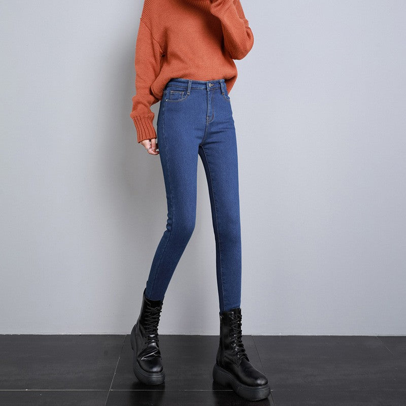 New Women Thermal Jeans Winter Snow Warm Plush Stretch Jeans Lady Skinny Thicken Students Denim Pants Fleece Mom Fur Trousers
