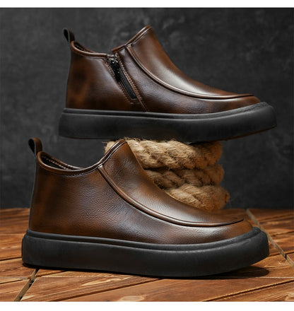2025 Autumn New Leather Short Boots, Mid-calf Zipper Casual Outdoor Shoes, Anti-slip and Wear-resistant Men's Work Boots