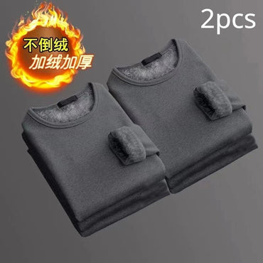 2PCS Men's Underwear Winter Long-sleeved Thermal Underwear Plus Velvet Padded T-shirt O-Neck Solid Color Slim Bottoming Shirt