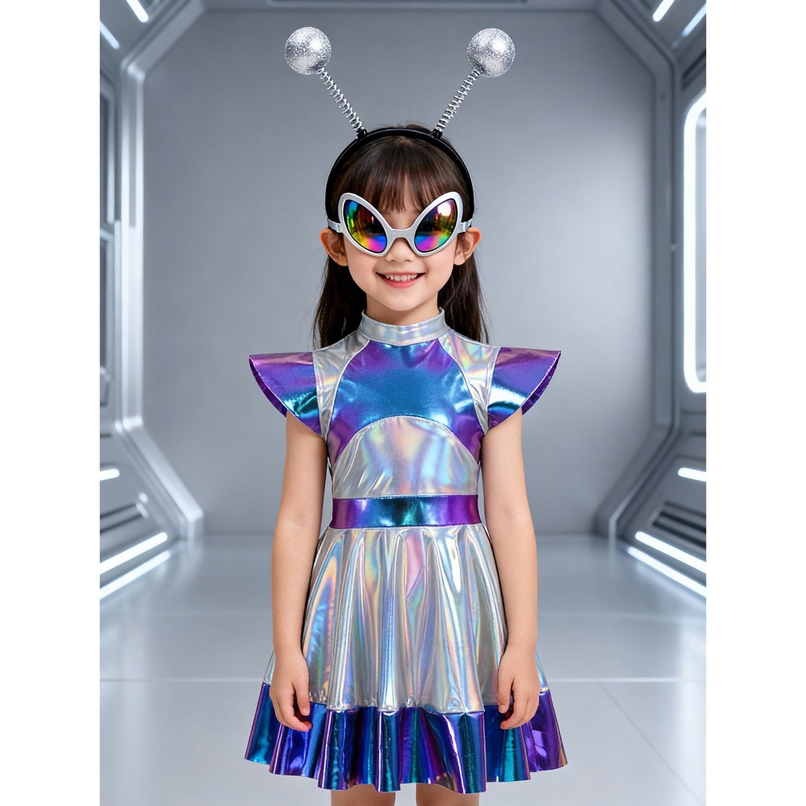 Toddler Baby Girls Alien Costume Dress Kids Shiny Metallic Space Themed Party Dress with Headband Glasses for Halloween Cosplay