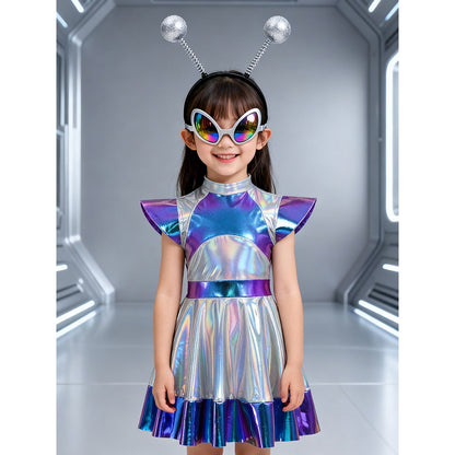 Toddler Baby Girls Alien Costume Dress Kids Shiny Metallic Space Themed Party Dress with Headband Glasses for Halloween Cosplay