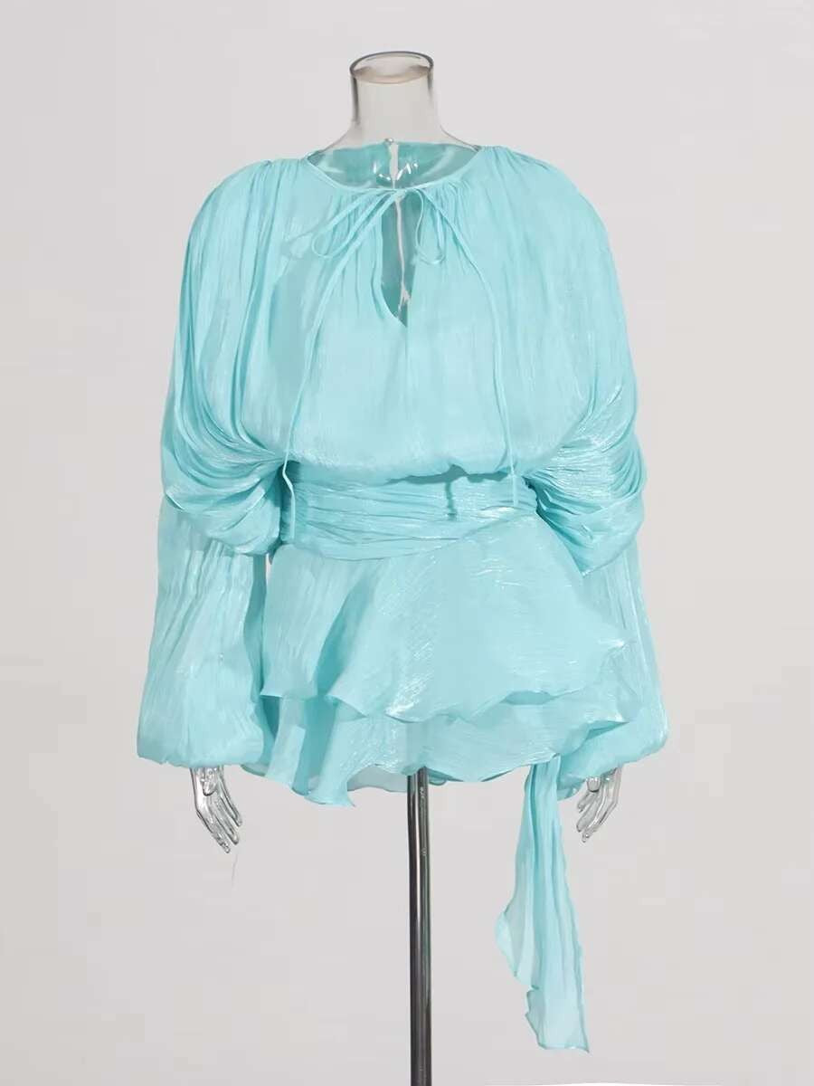 TWOTWINSTYLE Solid Blouse Mini Dresses For Women V Neck Long Sleeve Spliced Lace