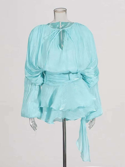 TWOTWINSTYLE Solid Blouse Mini Dresses For Women V Neck Long Sleeve Spliced Lace