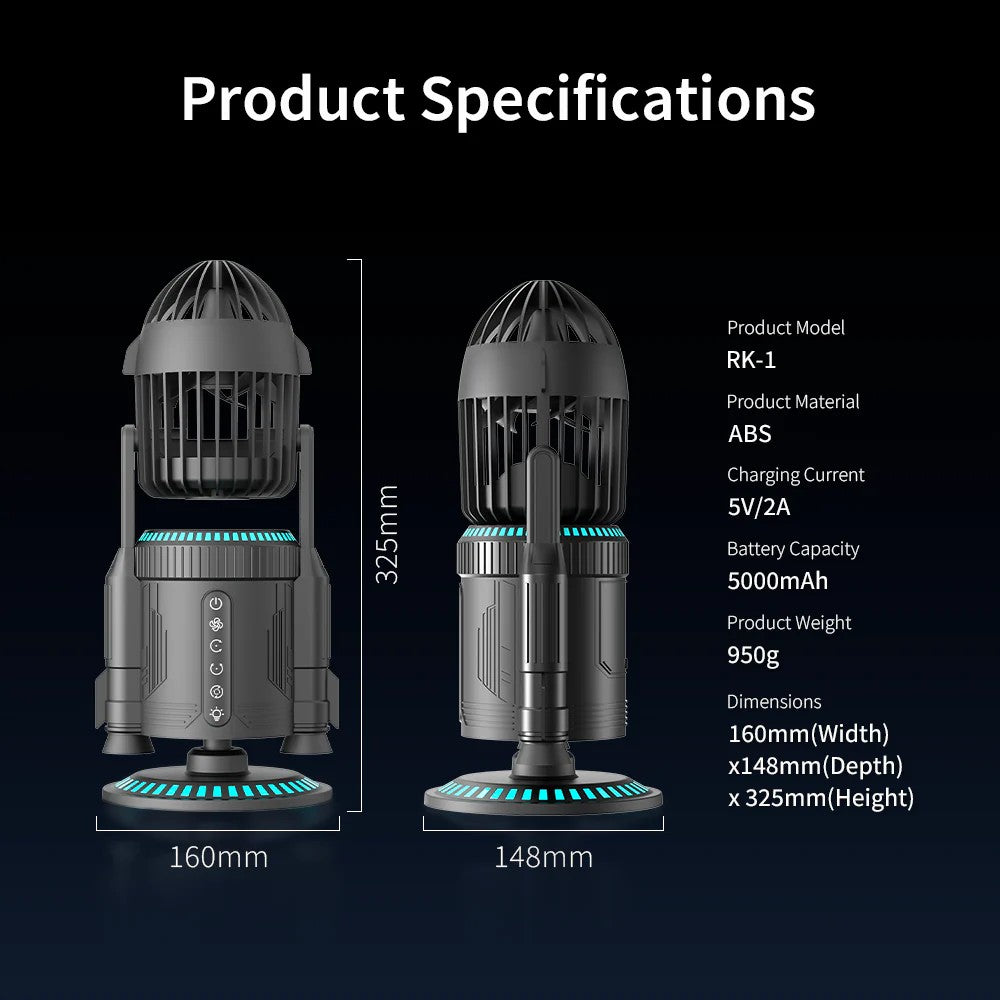 Space Inspired Rocket Fan Battery Operated USB C Rechargeable 3 Level Breeze Adjustable Ultra Quiet Desktop Cooler