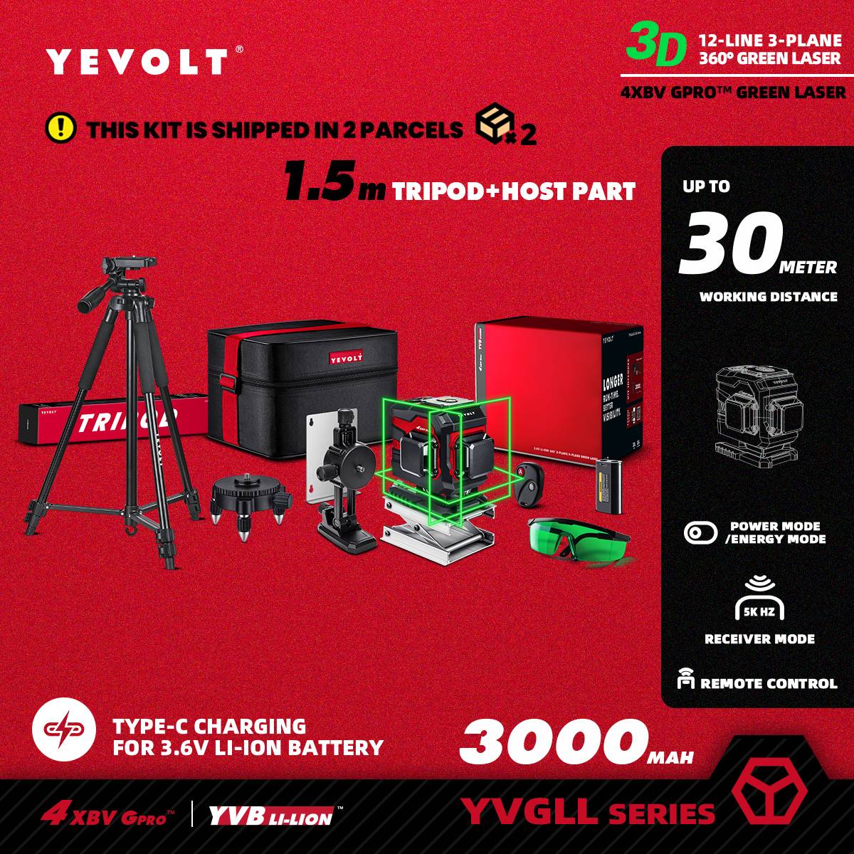 Nível a Laser Verde YEVOLT Série YVGLL4XS12T 3 Planos 12 Linhas Autonivelante 360 3D Horizontal & Vertical Ferramentas de Medição de Energia