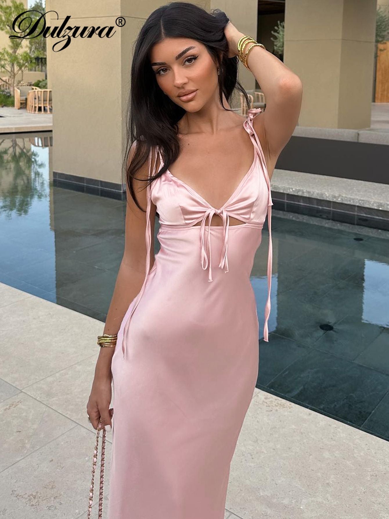 Dulzura Backless Lace Up Spaghetti Straps Cut Out Midi Dress Women Club Holiday