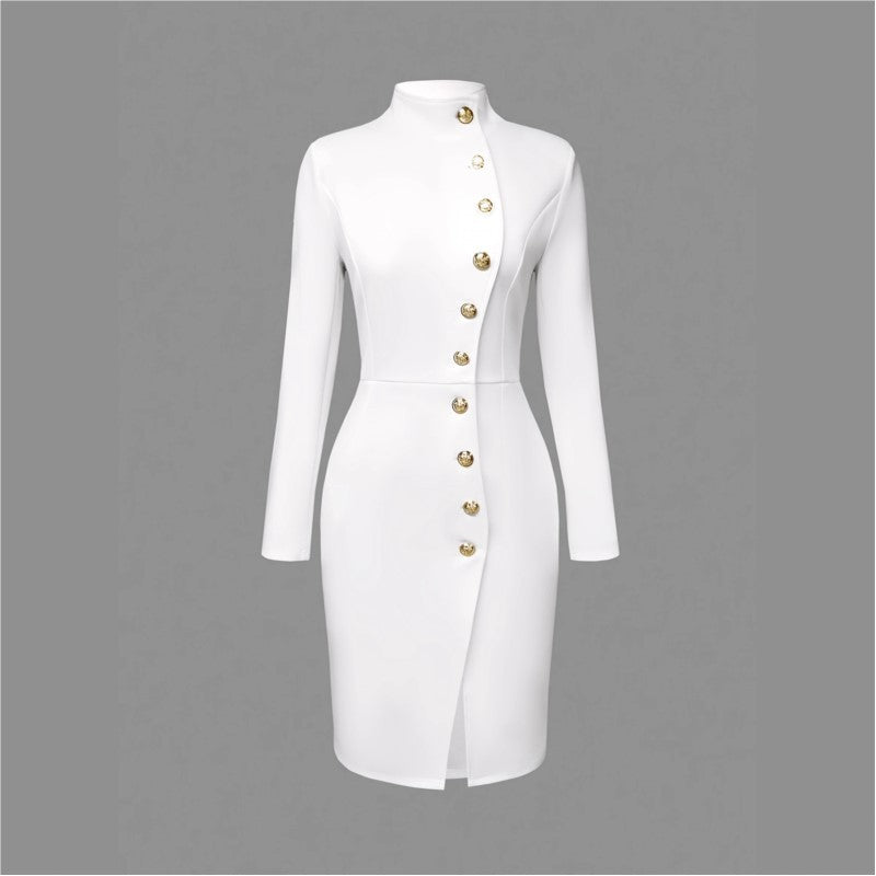 Elegant Commuter Dresses For Women Autumn Fashion White Black Stand-up Collar Slim Metal Buckle Long Sleeve Split Casual Dress