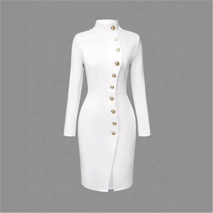 Elegant Commuter Dresses For Women Autumn Fashion White Black Stand-up Collar Slim Metal Buckle Long Sleeve Split Casual Dress