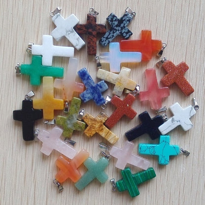 Wholesale 50pcs/lot Fashion Hot Sell Natural Stone Mixed Color Assort Cross Pendants Charms Fit Necklaces Jewelry Making