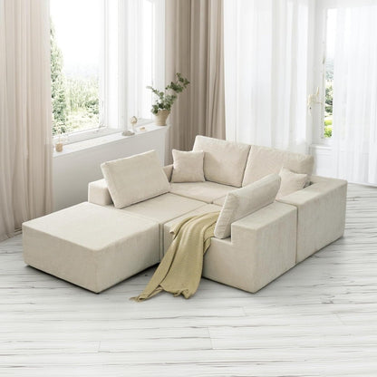 139.3" Luxury L-Shaped Modular Sofa – Corduroy Boneless Cloud Couch with Deep Seat, Movable Ottoman for Living Room