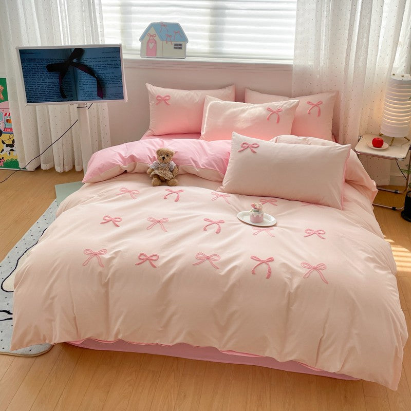 3 Piece Sheet Set  pink bowknot embroidery Quilt Set ? comfortable embroidery  Bedding Set Bedspread for All Season